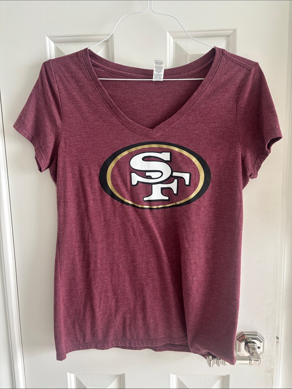Nick Bosa #97 San Francisco 49ers Women's V-Neck Tee in Maroon with Team Emblem